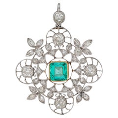 Art Deco 5.09 CTW Emerald Diamond Platinum 18K Gold Vintage Quatrefoil Pendant