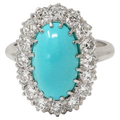 Art Deco 1.12 CTW Turquoise Cabochon Diamond Platinum Vintage Halo Ring