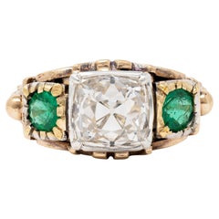 Early Victorian 3.92 CTW Peruzzi Cut Diamond Emerald 18 Karat Gold Antique Ring