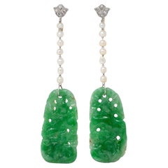 Art Deco Diamond Jade Pearl Platinum Vintage Floral Screw-Back Earrings