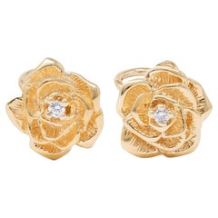Tiffany & Co. 1990's Diamond 14 Karat Yellow Gold Vintage Rose Ear-Clip Earrings