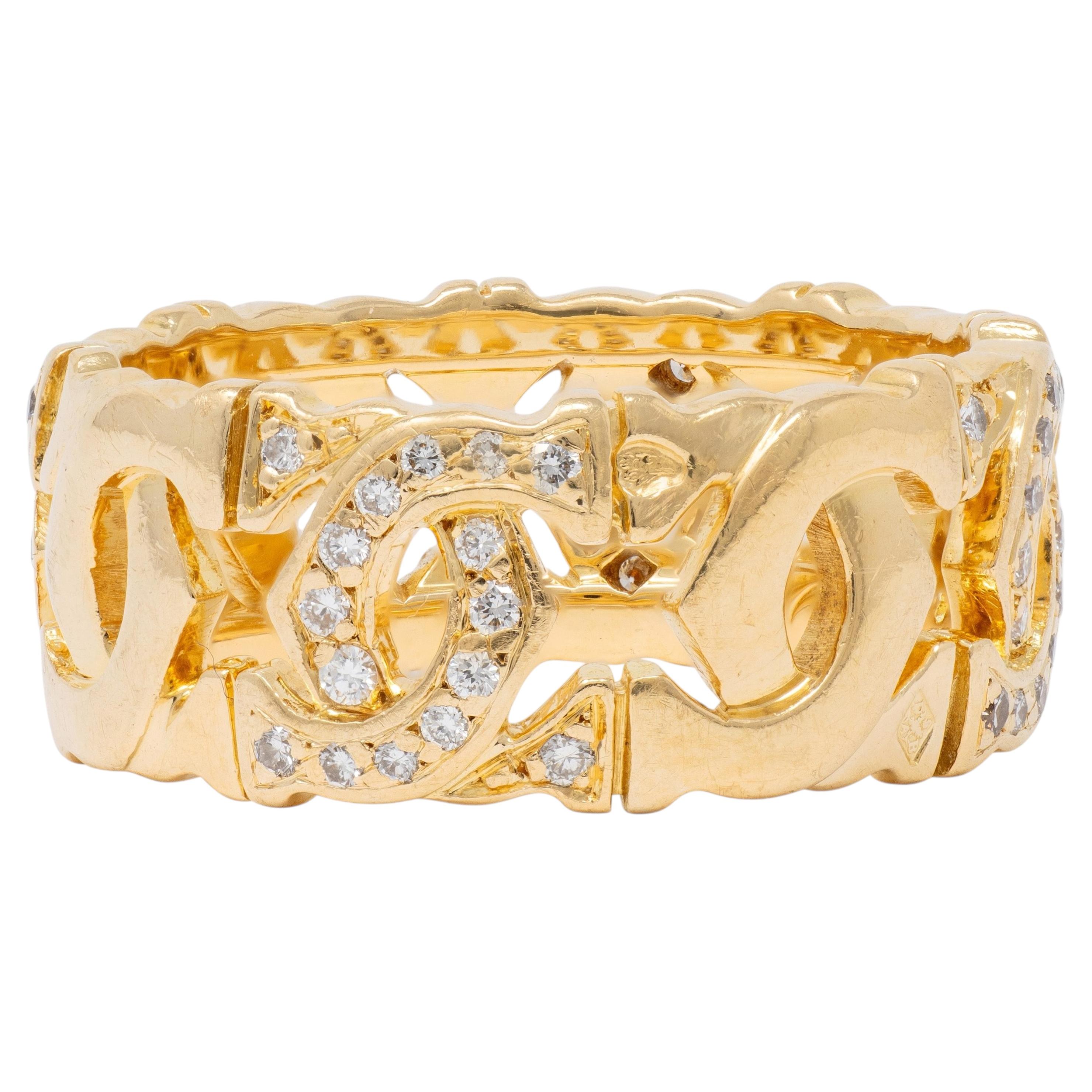 Cartier French Diamond 18K Yellow Gold Vintage Double C Entrelaces Band Ring