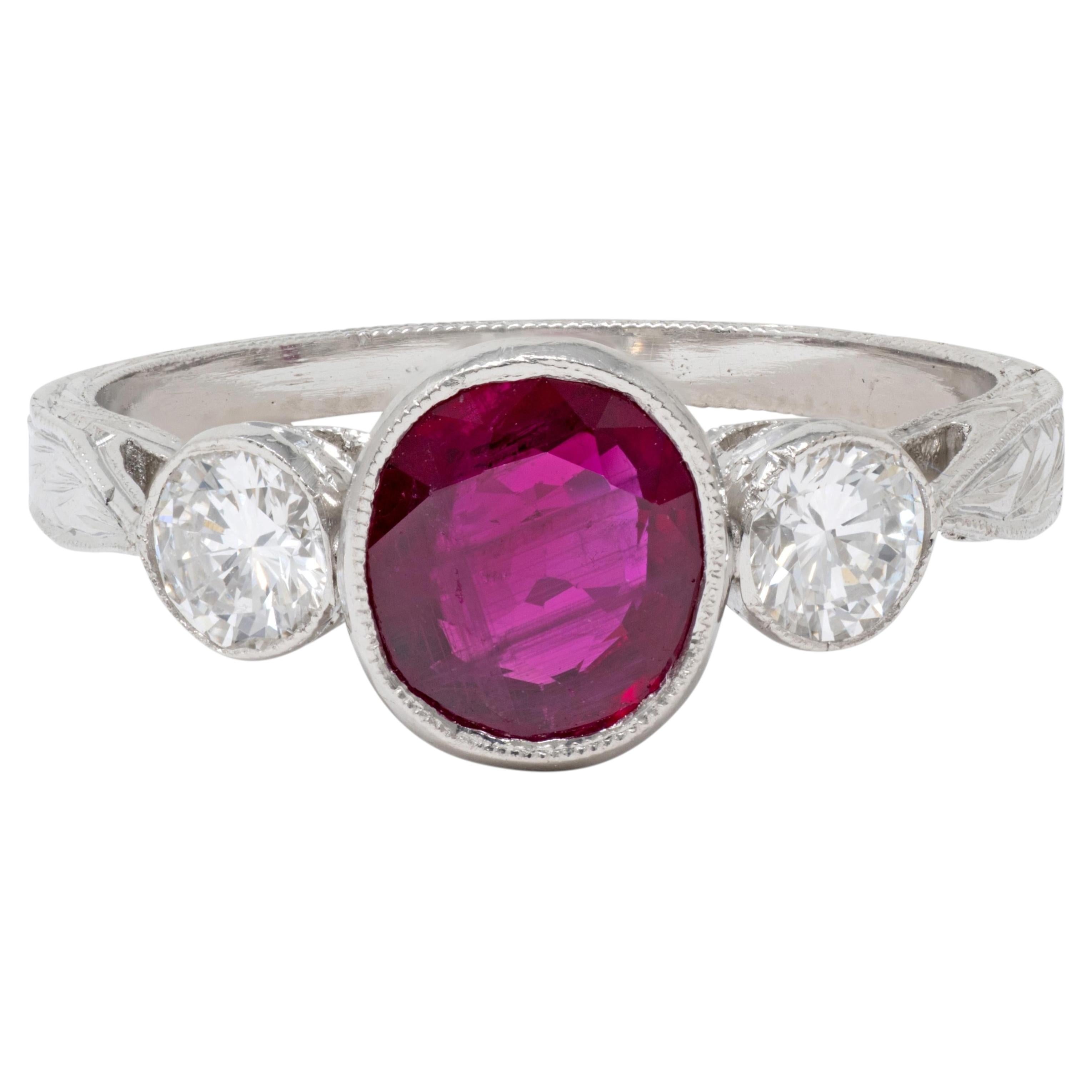 Contemporary 1.53 CTW Ruby Diamond Platinum Three Stone Ring
