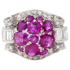 Mid-Century 5.29 CTW Ruby Diamond Platinum Vintage Scrolling Cluster Ring