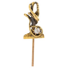 Victorian Pearl 14 Karat Yellow Gold Snake Antique Unisex Stickpin