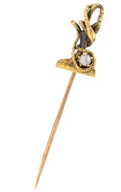 Victorian Pearl 14 Karat Yellow Gold Snake Antique Unisex Stickpin