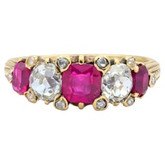 Victorian No Heat Burma Ruby Old Mine Cut Diamond 18K Gold Band Ring GIA