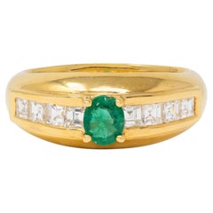 1980's Emerald Diamond 18 Karat Yellow Gold Vintage Gemstone Ring