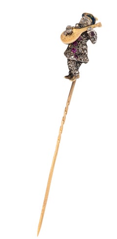 Victorian Rose Cut Diamond Ruby Silver-Topped 18 Karat Gold Bard Stickpin
