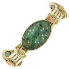 Art Deco Carved Jade Enamel 14 Karat Yellow Gold Fancy Link Vintage Bracelet