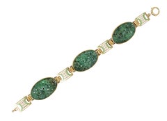 Art Deco Carved Jade Enamel 14 Karat Yellow Gold Fancy Link Vintage Bracelet