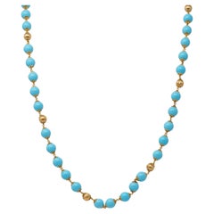 1960's Turquoise 18 Karat Yellow Gold Vintage Beaded Strand Necklace