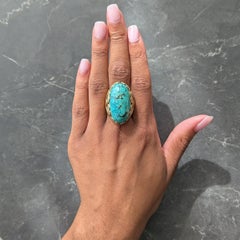 Retro Turquoise Cabochon 14 Karat Yellow Gold Vintage Statement Ring