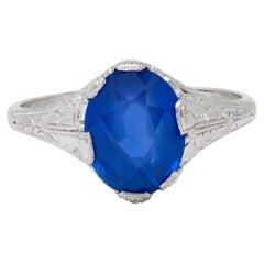Art Deco 4.43 CTW No Heat Ceylon Sapphire Platinum Foliate Vintage Ring GIA