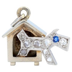 French 1930's Diamond Sapphire 18K White Gold Platinum Vintage Dog House Charm