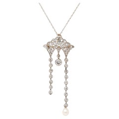 Edwardian Diamond Pearl 14K Gold Platinum Antique Fan Brooch Pendant Necklace