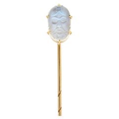 Victorian Carved Cameo Moonstone 14 Karat Yellow Gold Antique Warrior Stickpin