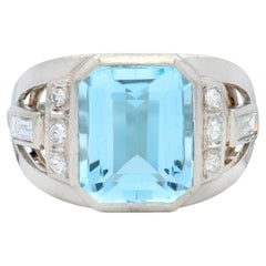 Art Deco 4.95 CTW Aquamarine Diamond Platinum Vintage Buckle Ring