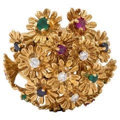 1960's Multi-Gem 18 Karat Yellow Gold Vintage En Tremblant Flower Ring