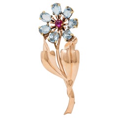 Retro 7.80 CTW Aquamarine Ruby 14 Karat Two-Tone Gold Vintage Flower Brooch