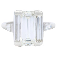 Vintage 4.25 CTW Elongated Emerald Cut Diamond Platinum Engagement Ring GIA