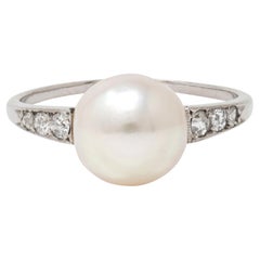 Edwardian Natural Saltwater Pinctada Pearl Diamond Platinum Antique Ring GIA