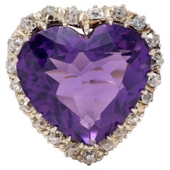 Retro Amethyst Diamond 14 Karat Two-Tone Gold Vintage Heart Halo Ring