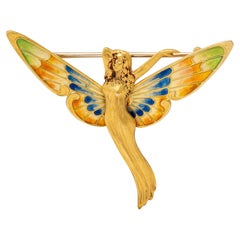 Art Nouveau Enamel 14 Karat Yellow Gold Antique Fairy Brooch