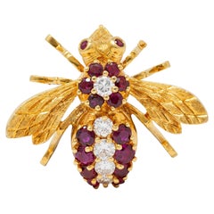 Herbert Rosenthal 1960s Ruby Diamond 18 Karat Yellow Gold Vintage Bee Bug Brooch