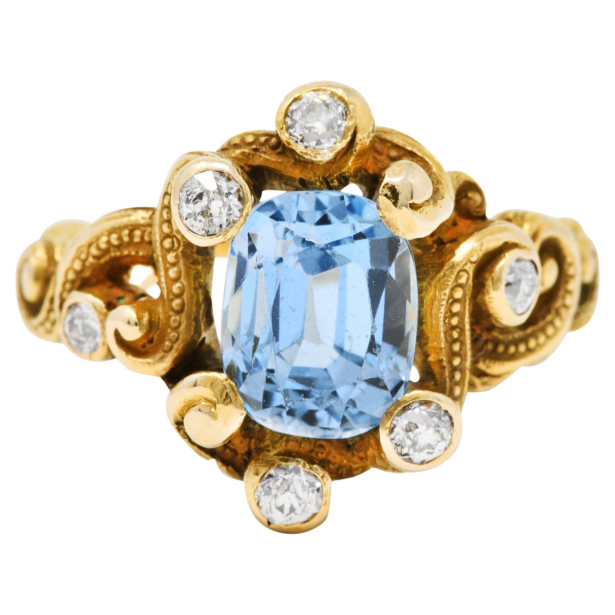 Art Nouveau 2.00 CTW Aquamarine Diamond 14 Karat Gold Whiplash Ring