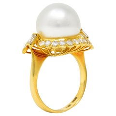 Vintage South Sea Pearl Diamond 18 Karat Yellow Gold Cluster Ring