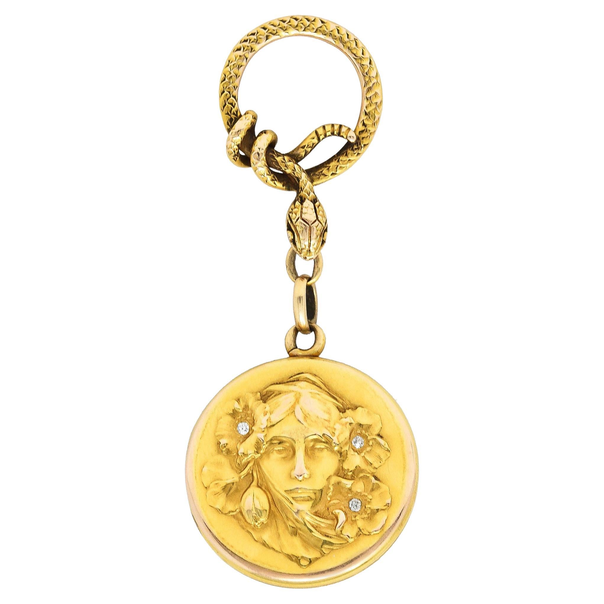 Shreve & Co. Art Nouveau Diamond 14 Karat Yellow Gold Snake Woman Antique Locket