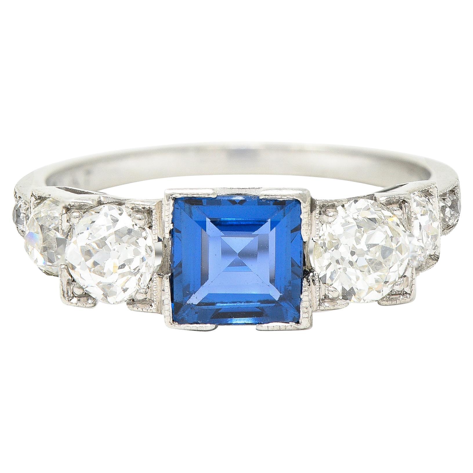 Art Deco 2.15 Carats Sapphire Diamond Platinum Five Stone Engagement Ring