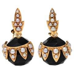Victorian Pearl Onyx 14 Karat Yellow Gold Antique Foliate Drop Earrings