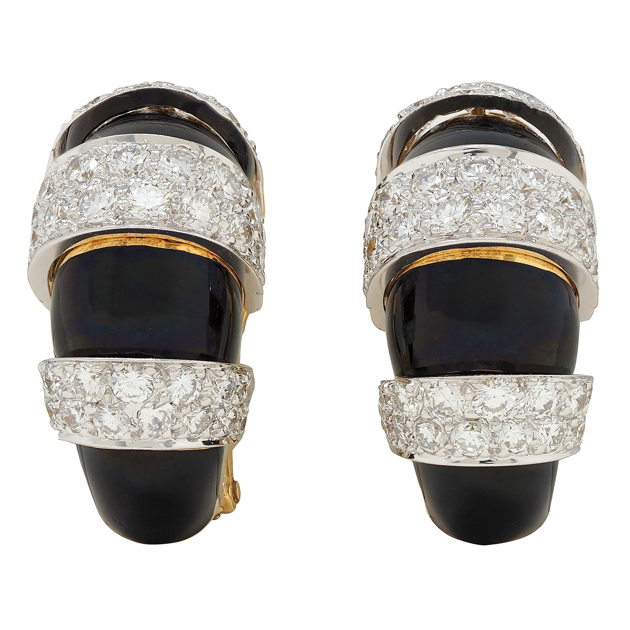 David Webb Orecchini vintage con diamante e smalto nero in platino e oro 18 carati