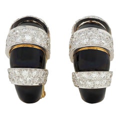 David Webb Diamond Black Enamel Platinum 18K Gold Vintage Ear-Clip Earrings