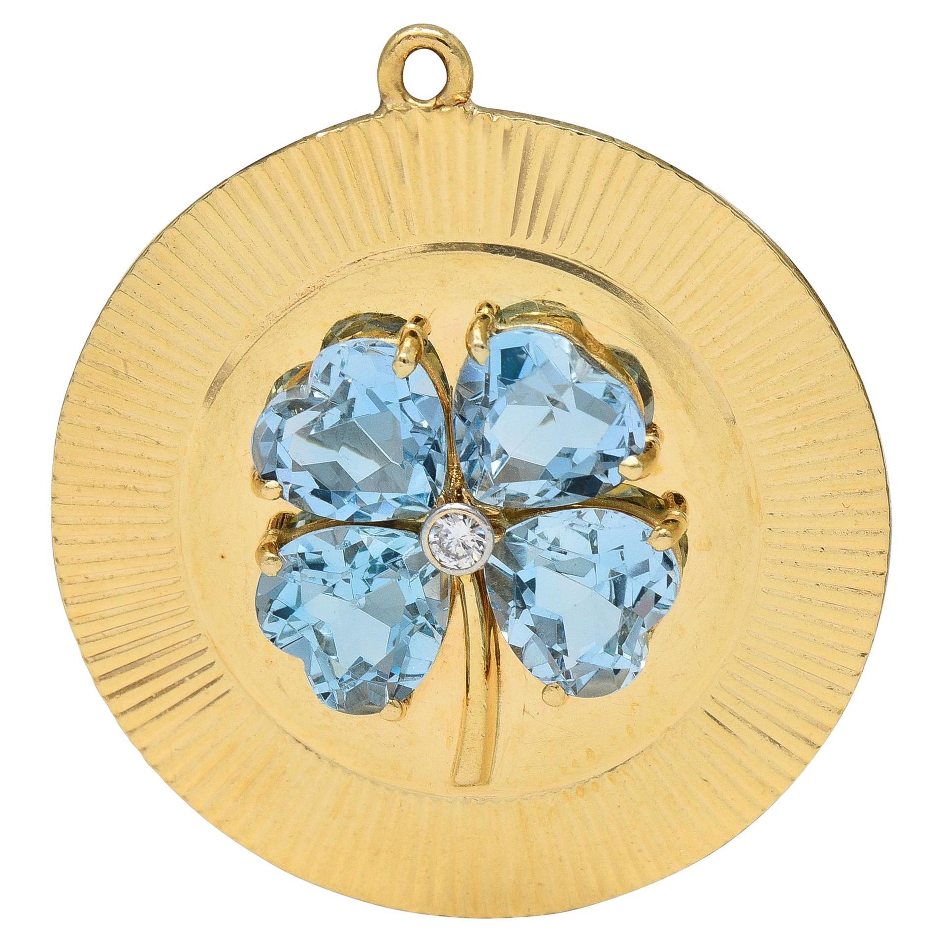 Tiffany & Co. 1950's Aquamarin Diamant 14K Gold Vintage vierblättriges Kleeblatt Charme