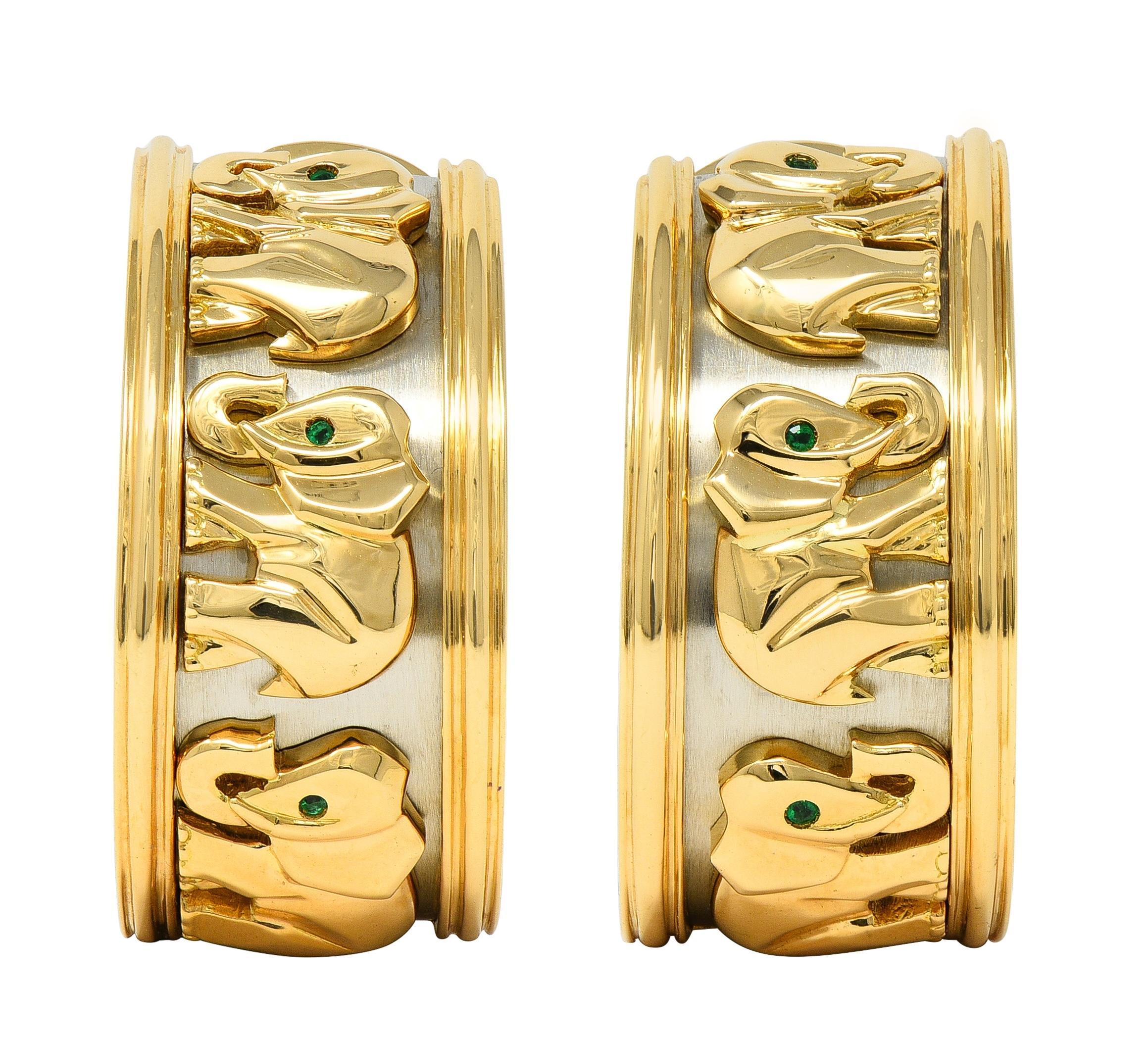 Cartier, orecchini a cerchio a J d'epoca in oro 18 carati con smeraldo degli anni '90, elefanti di Mahango in vendita