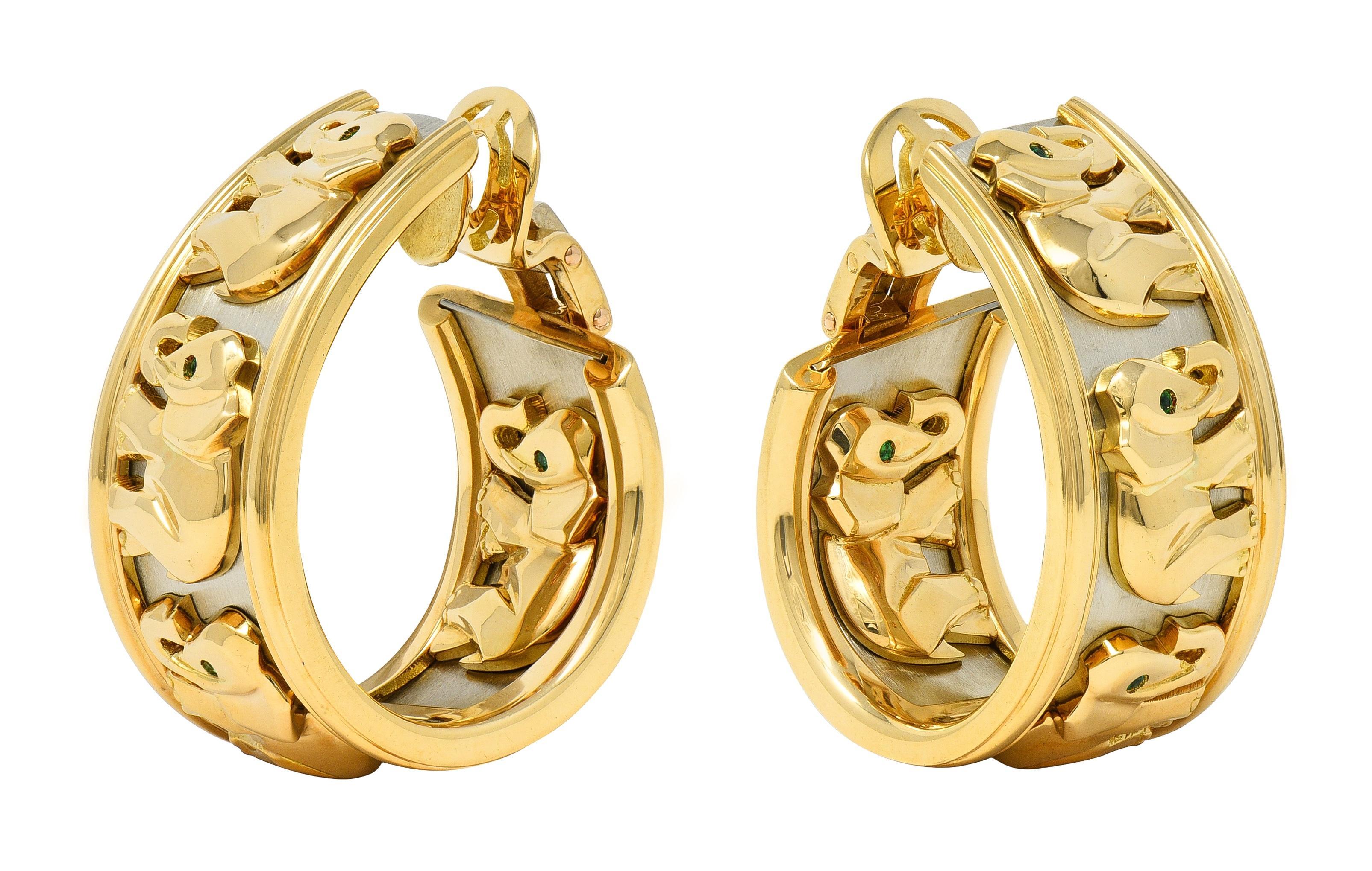 Moderno Cartier, orecchini a cerchio a J d'epoca in oro 18 carati con smeraldo degli anni '90, elefanti di Mahango in vendita