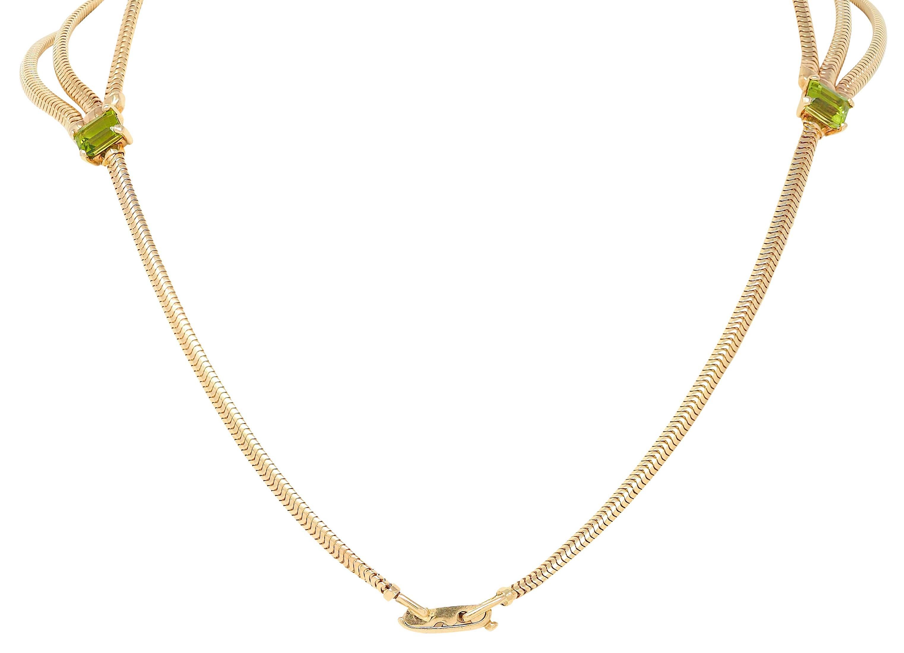 1990's Peridot 14K Gold Vintage Swagged Multi-Strand Snake Chain Necklace In Excellent Condition For Sale In Philadelphia, PA