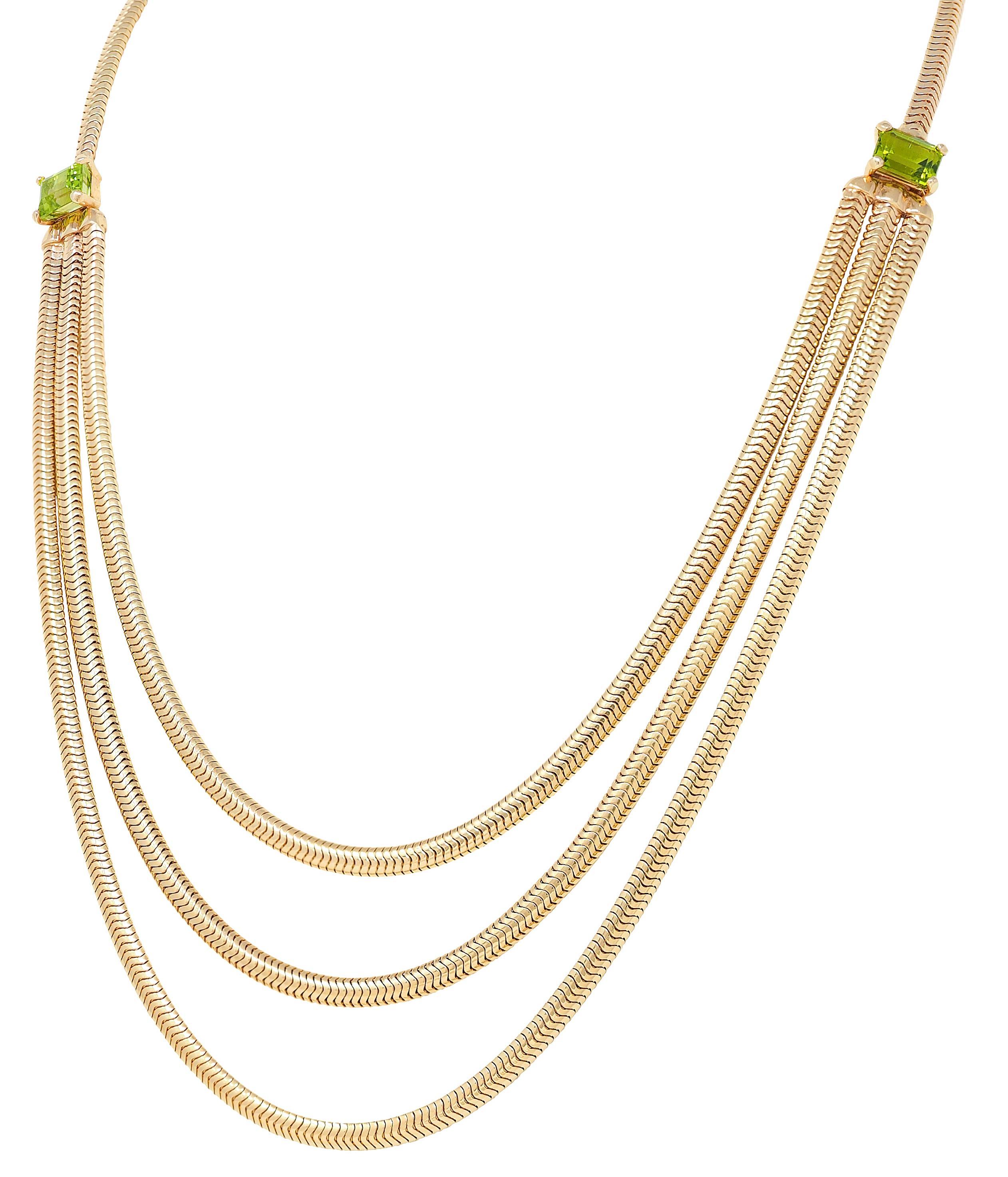 Women's or Men's 1990's Peridot 14K Gold Vintage Swagged Multi-Strand Snake Chain Necklace For Sale
