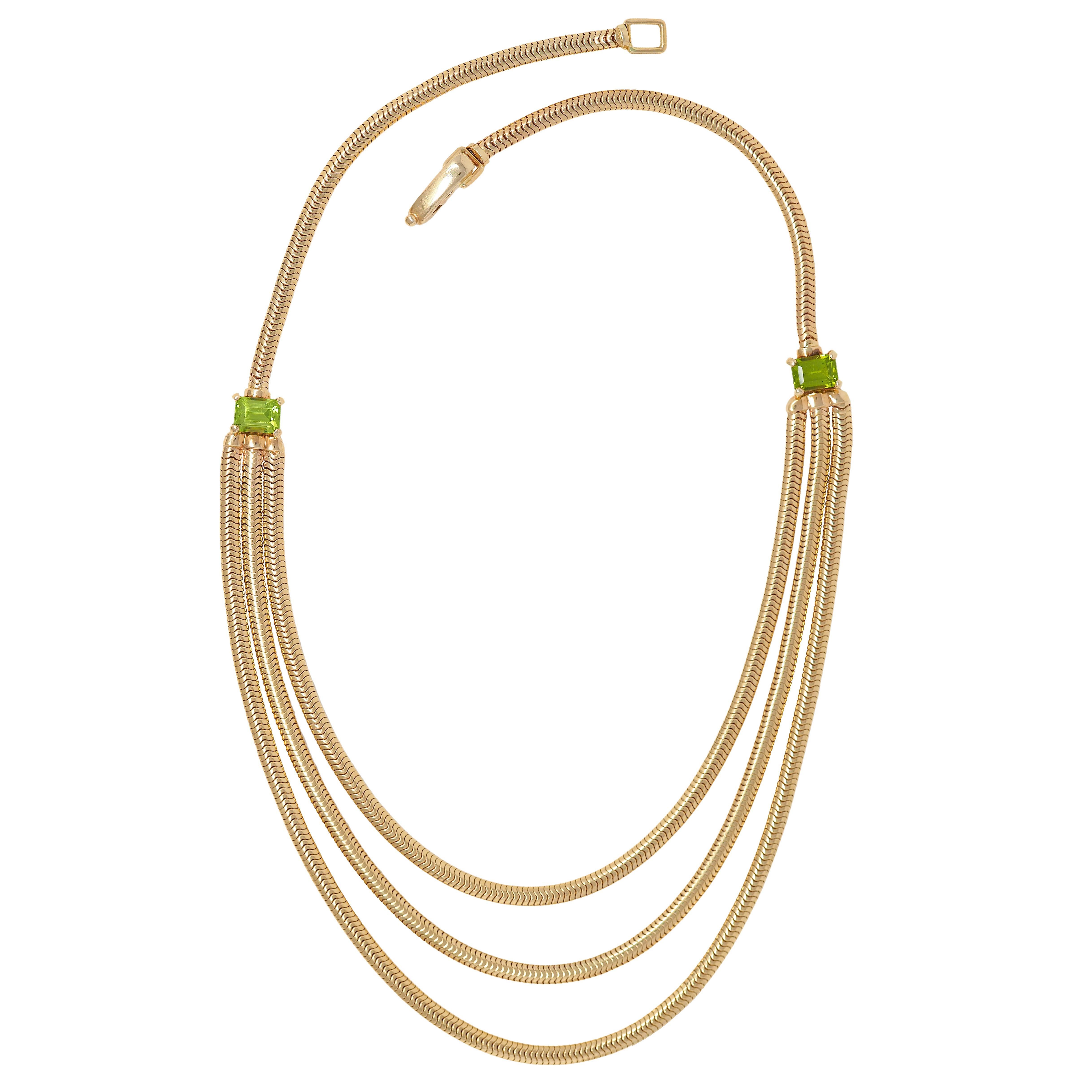 Modern 1990's Peridot 14K Gold Vintage Swagged Multi-Strand Snake Chain Necklace For Sale