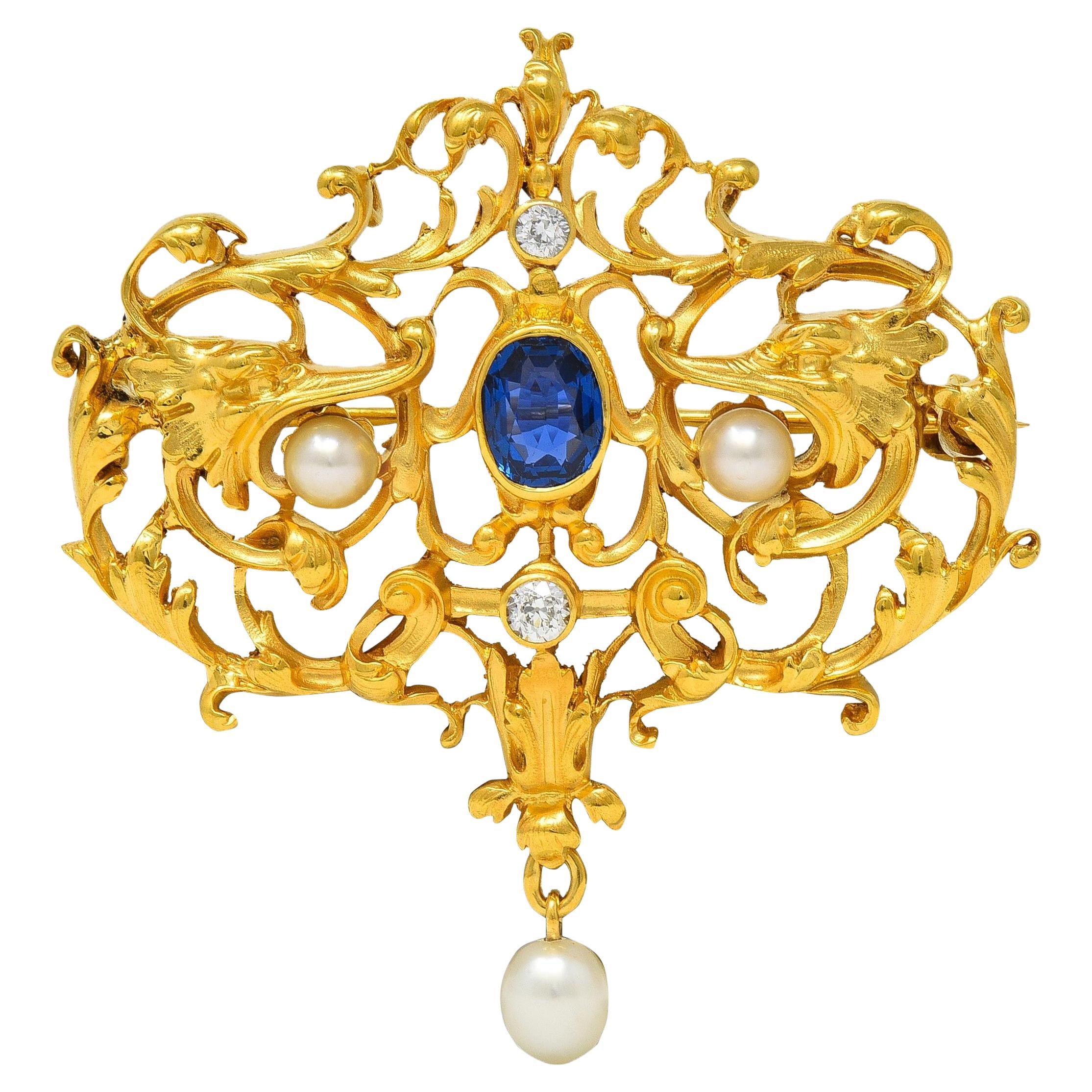 Victorien No Heat Saphir Diamant Perle 18K Antique Serpent Broche GIA
