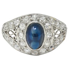 Art Deco Cabochon Sapphire Diamond Platinum Vintage Scrolling Bombé Ring
