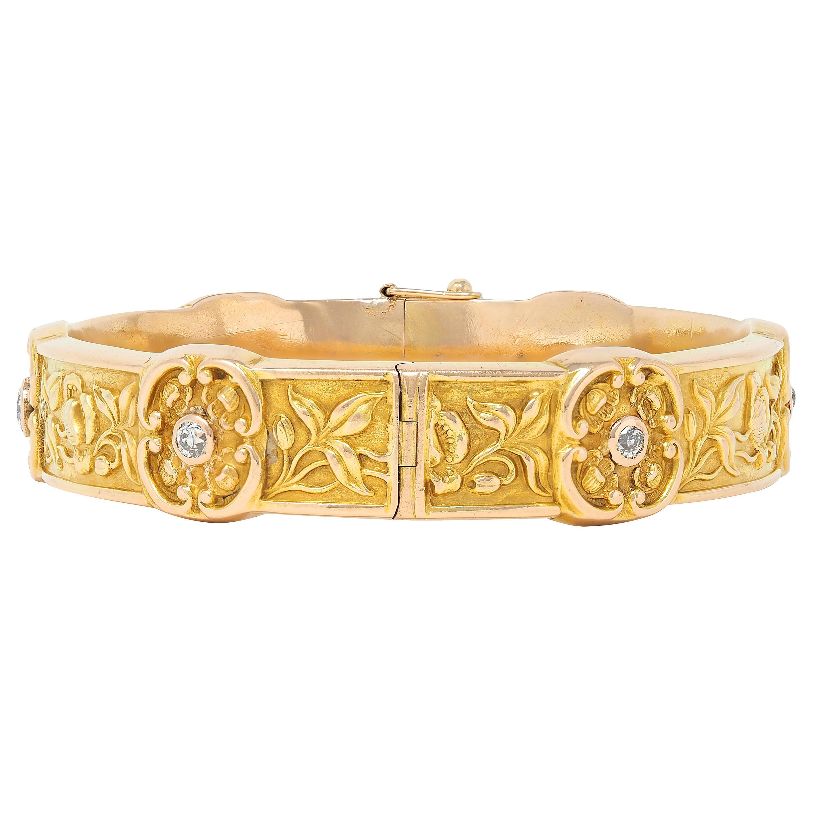 Taille vieille Europe Bracelet de fleur de pavot antique en or jaune 14 carats avec diamant Art Nouveau en vente