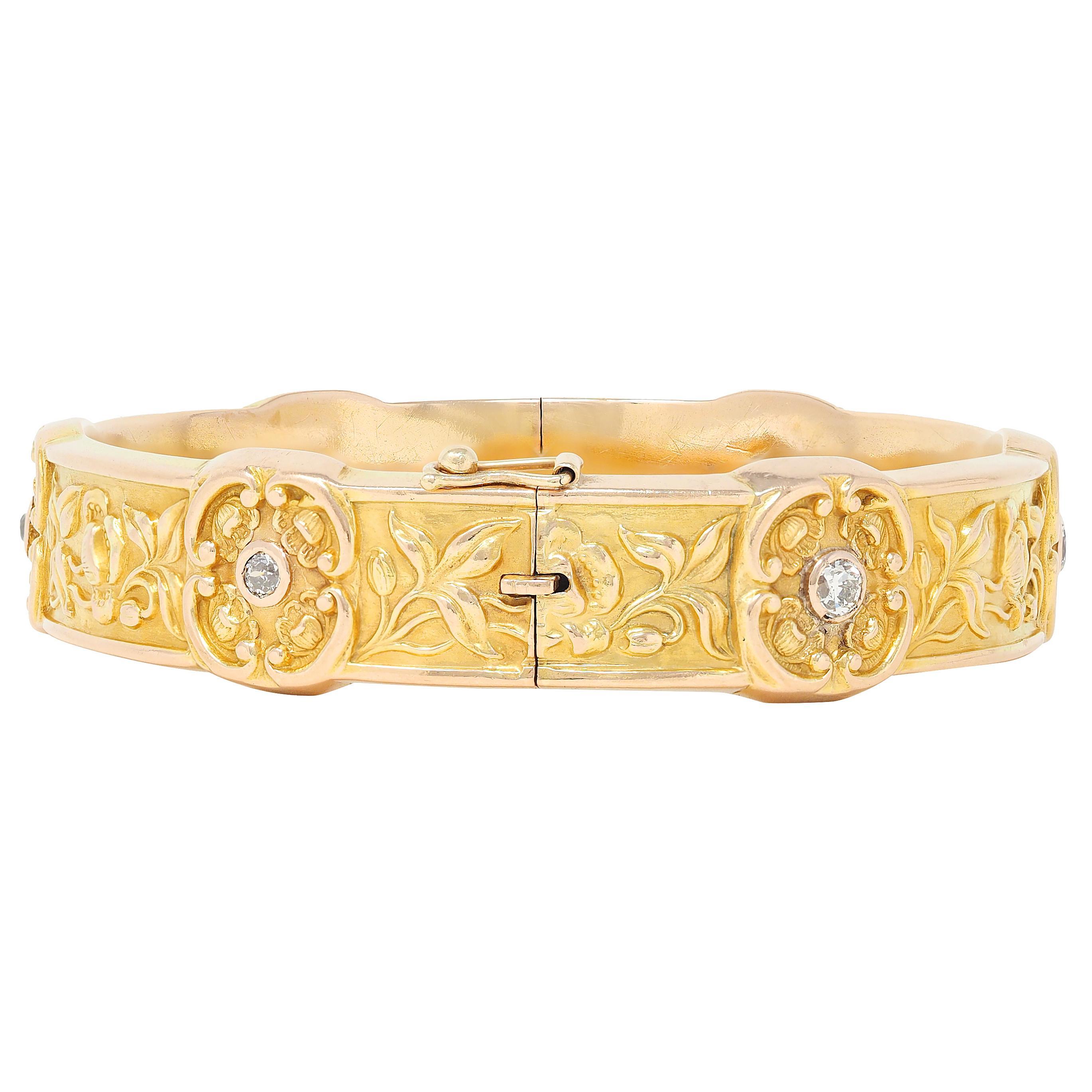 Bracelet de fleur de pavot antique en or jaune 14 carats avec diamant Art Nouveau Pour femmes en vente