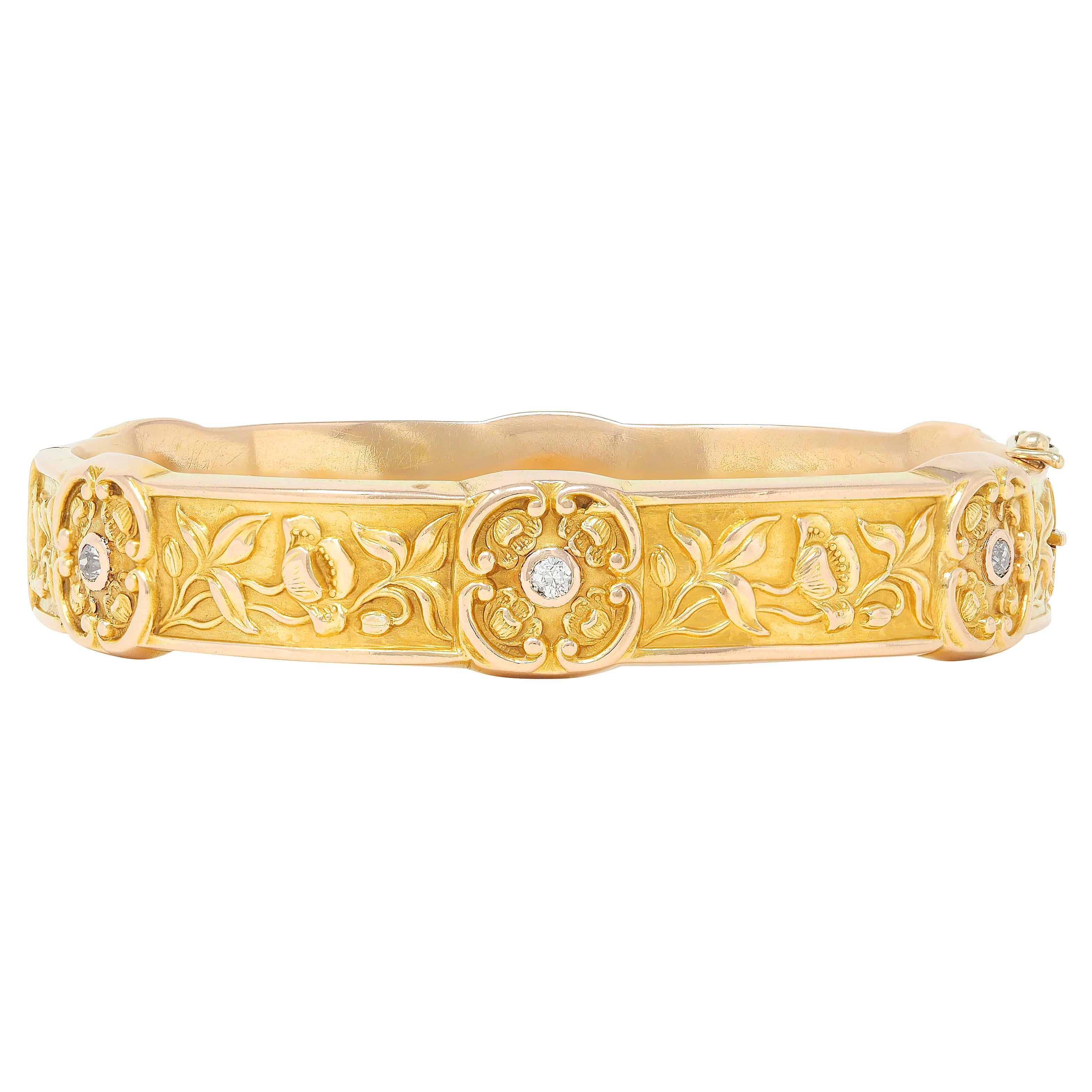 Bracelet de fleur de pavot antique en or jaune 14 carats avec diamant Art Nouveau Excellent état - En vente à Philadelphia, PA
