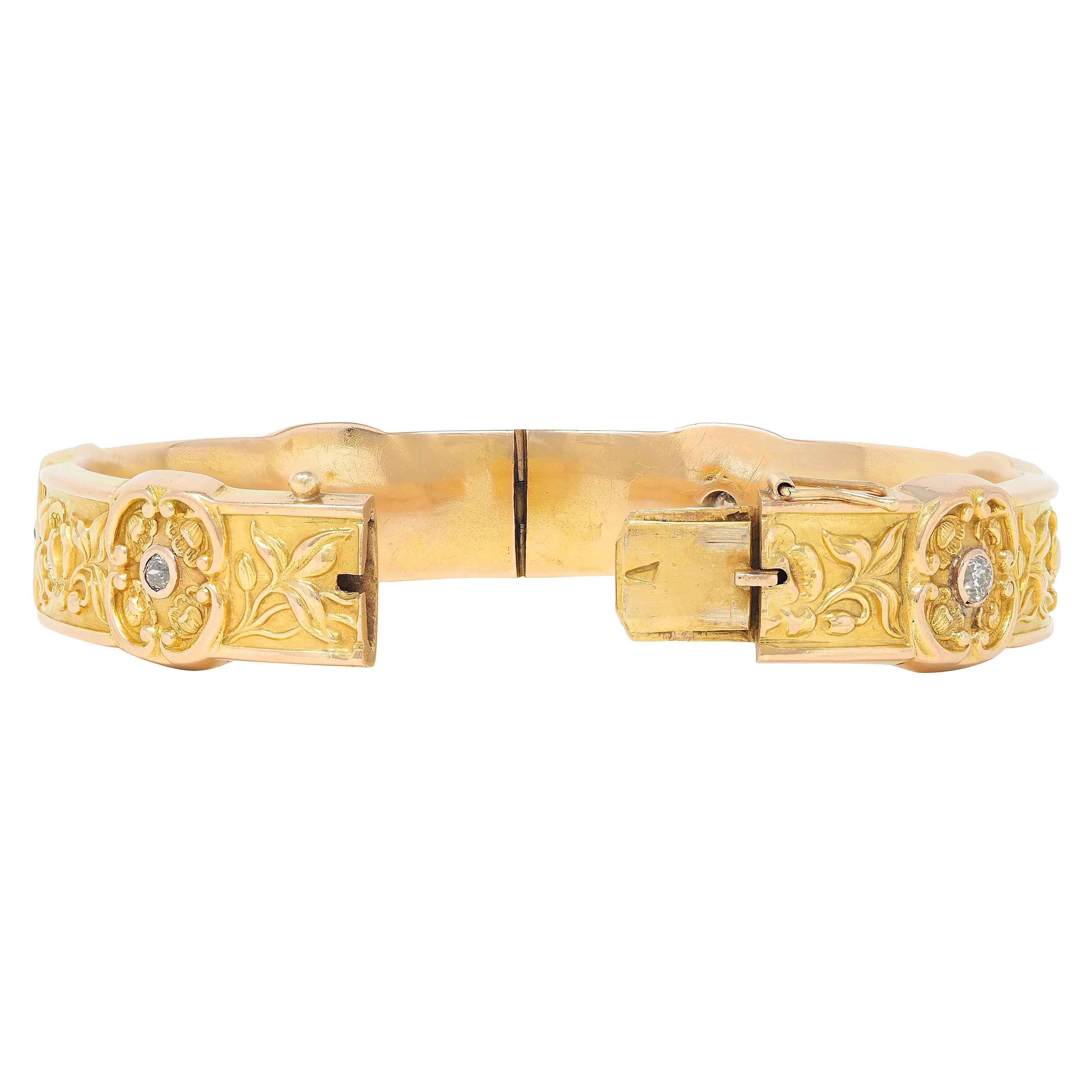 Bracelet de fleur de pavot antique en or jaune 14 carats avec diamant Art Nouveau en vente 1