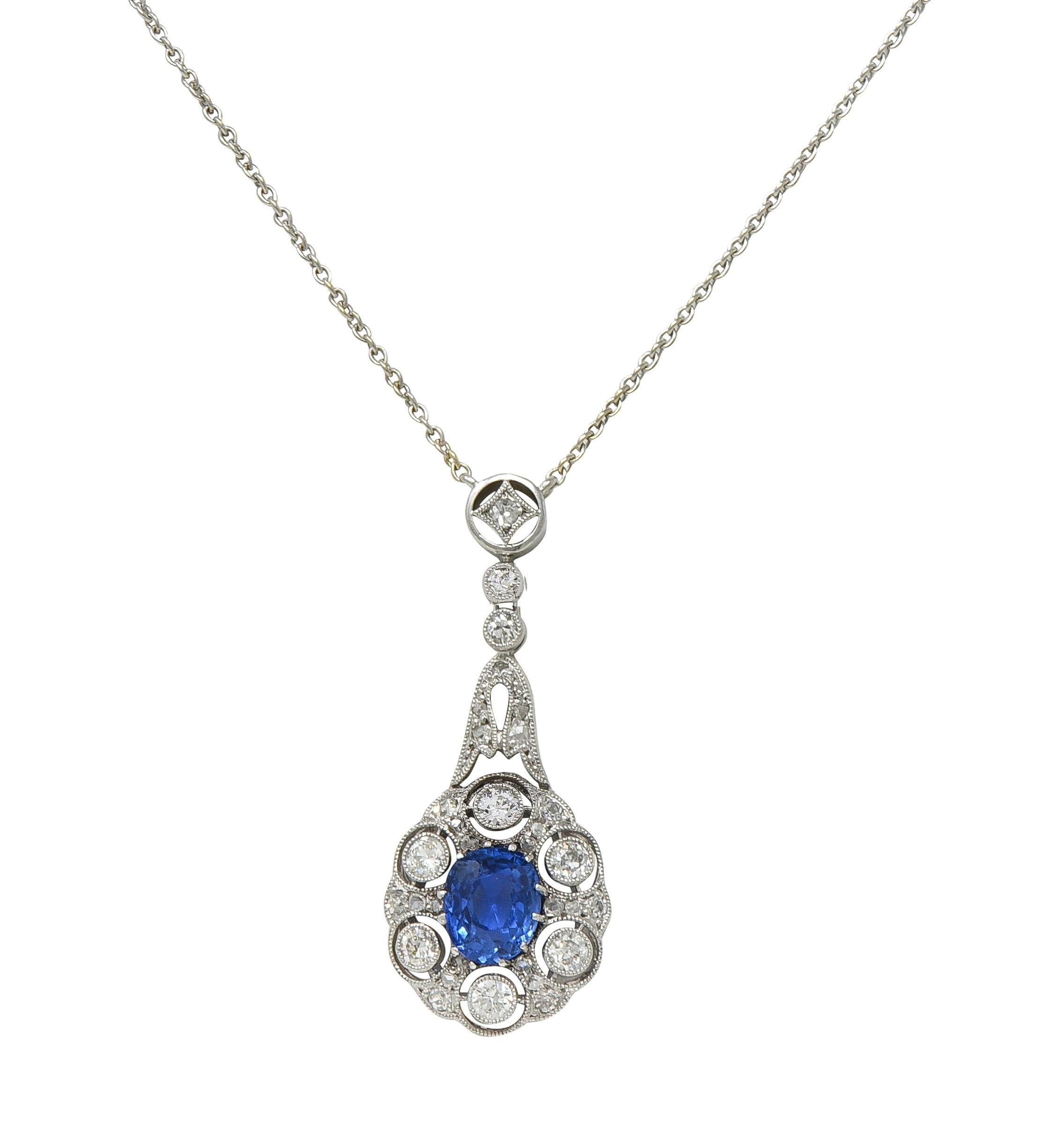 Collana edoardiana con zaffiro di Birmania senza calore e diamante di platino antico da 2,33 CTW