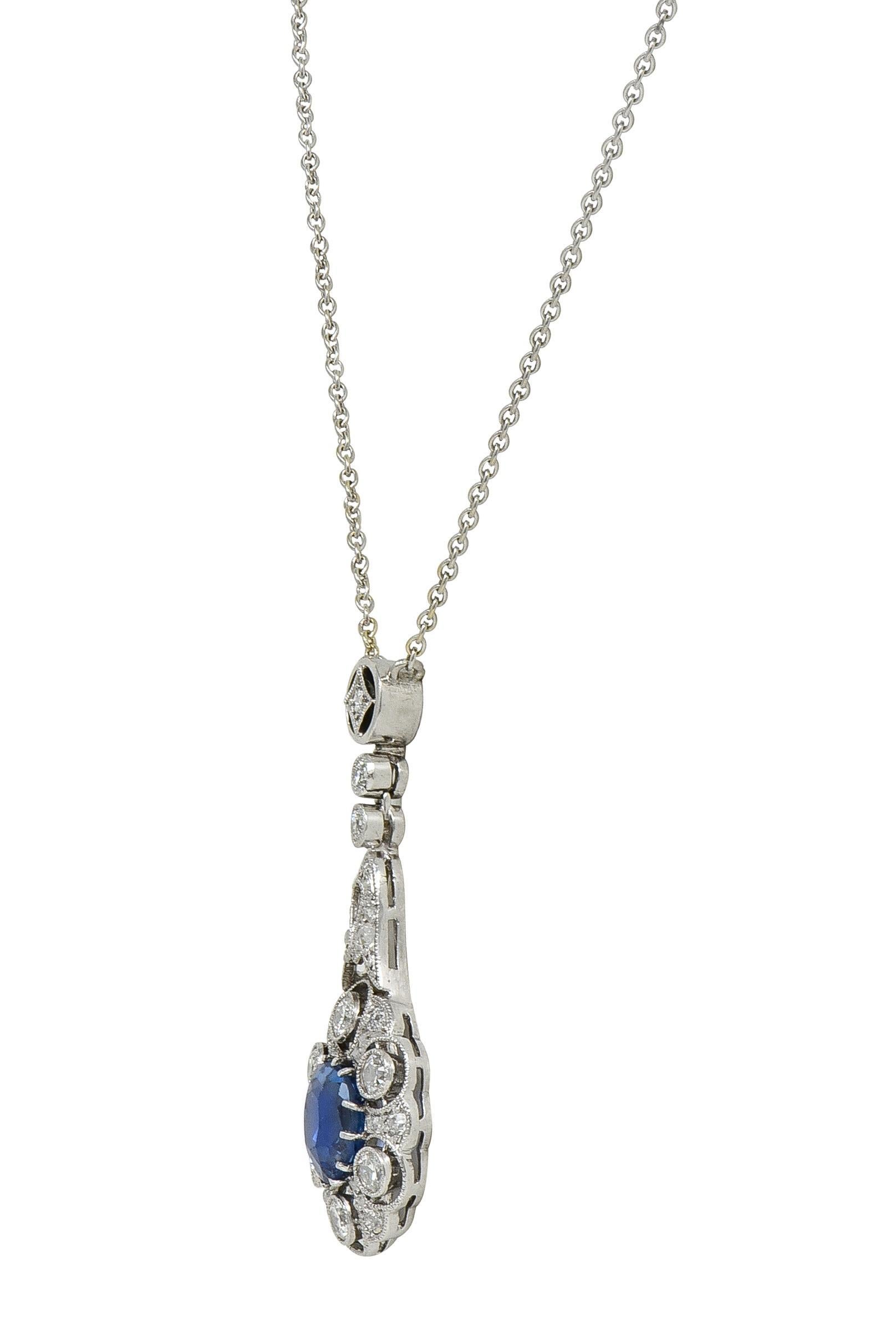 Taglio antico europeo Collana edoardiana con zaffiro di Birmania senza calore e diamante di platino antico da 2,33 CTW in vendita